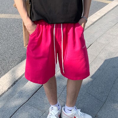 玫红色短裤男款夏季不过膝四分裤火龙果色多巴胺裤子直筒阔腿中裤