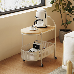 带轮可移动沙发边几客厅小茶几卧室奶油原木风床头铁艺简易小推车