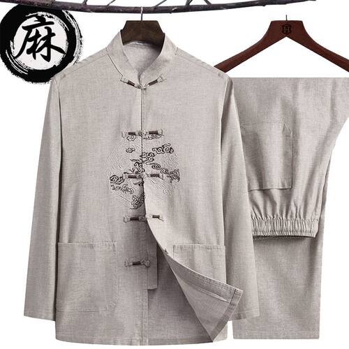 中老年人唐装男刺绣n亚麻爸爸装春夏季立领爷爷装长袖大码衬衫汉