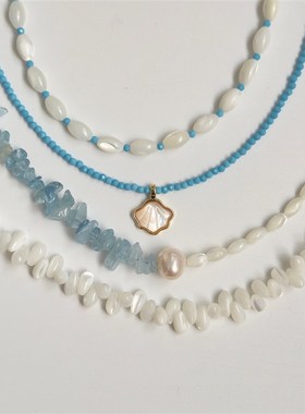 韩版夏日限定蓝色天然石珍珠项链女清冷感串珠锁骨链国风轻奢颈链