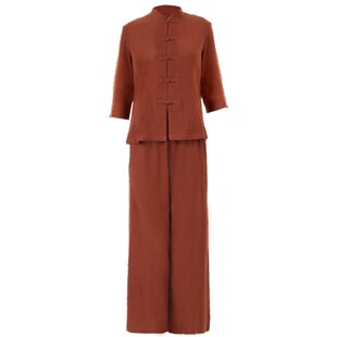 居士服打坐禅修瑜伽套装女禅意茶艺棉麻太极服秋冬宽V松大码6071
