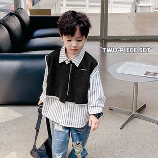 韩国童装2023秋装儿童衬衣针织马甲两件套男童条纹长袖衬衫套装潮