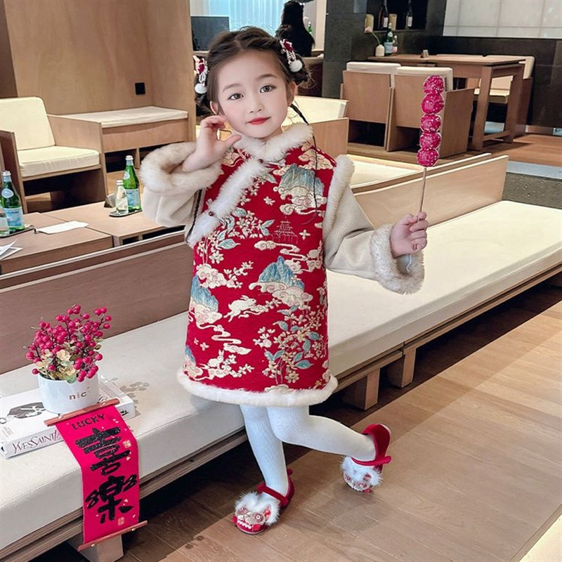 儿童新中式裙子冬装小女孩长袖连衣裙加厚女童旗袍裙夹棉红色国潮