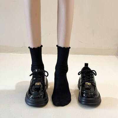 乐鞋福47568女2024新款春季厚底黑院色单鞋百搭学英伦风制秋服小