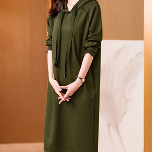 春秋女装新款气质显瘦黑色宽松A百搭连衣裙休闲长袖连帽薄款卫衣