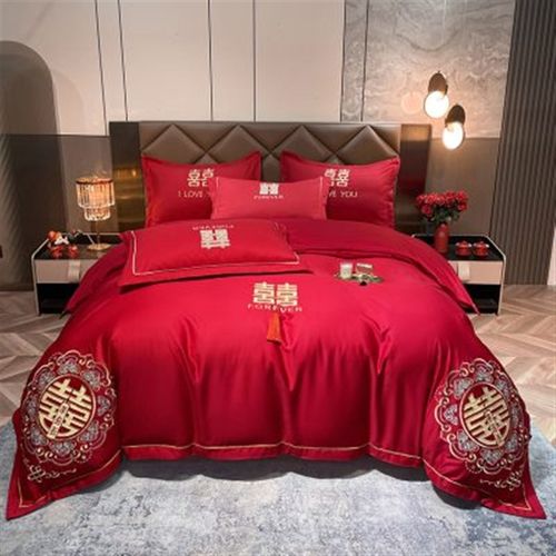 高端婚庆四件套大红龙凤新结婚房嫁礼喜被罩中式刺绣床上用品床单