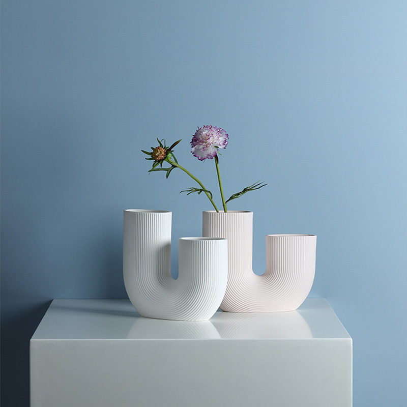 现代简约型几何条纹陶瓷花瓶摆件乾E燥花插花器家居桌面软装饰品