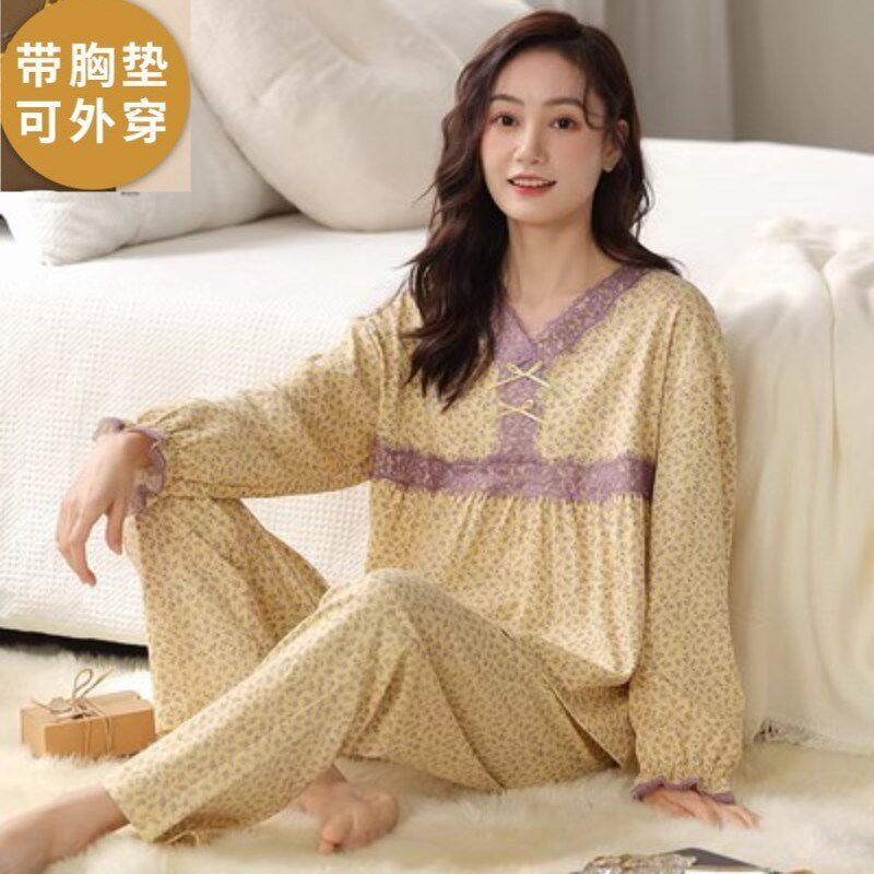 带胸垫睡衣女春秋季长袖两件套加肥版休闲清新妈妈老人家居服