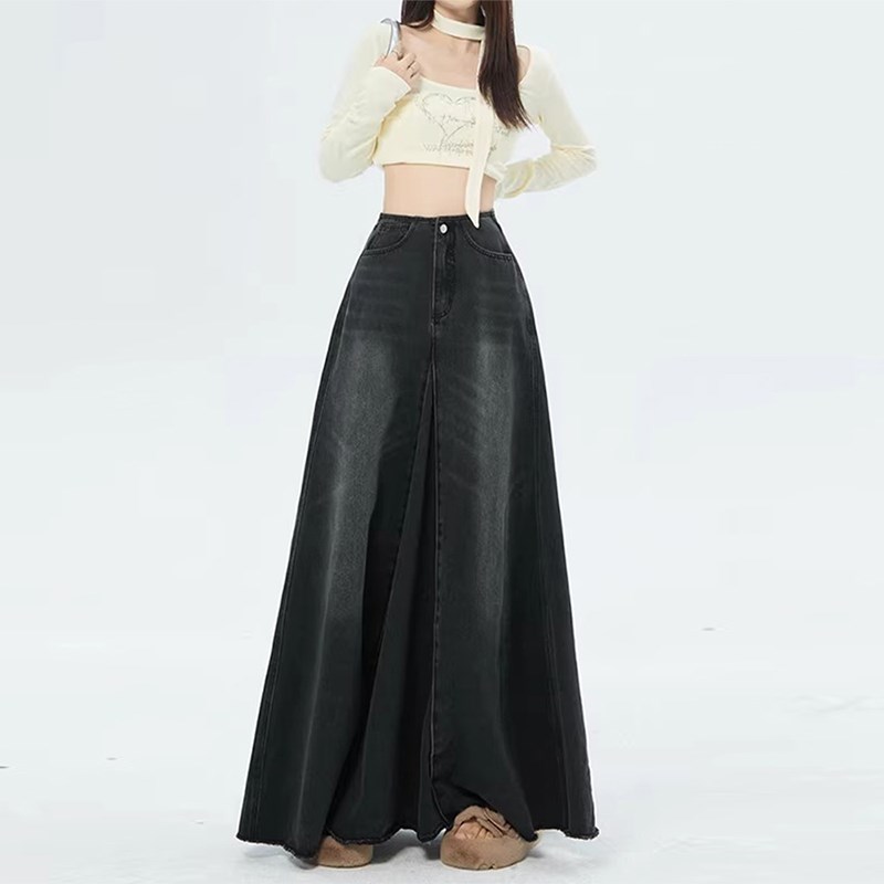 特大码复古黑色牛仔半身裙女春秋胖mm梨型遮胯中长款a字鱼尾裙子