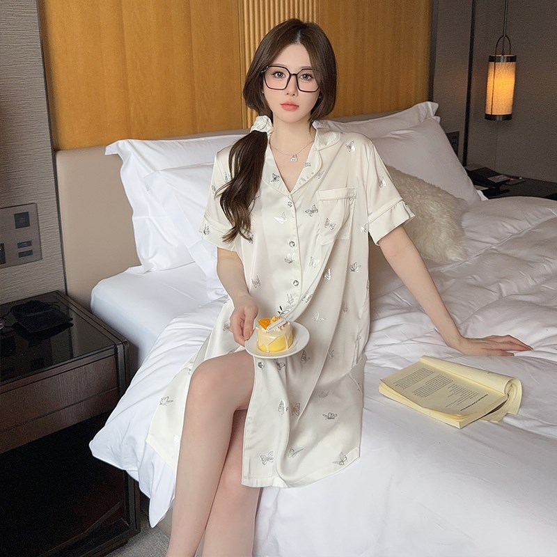 2024c新款睡裙女夏季真丝薄款性感衬衫裙高级感烫银蝴蝶睡衣家居