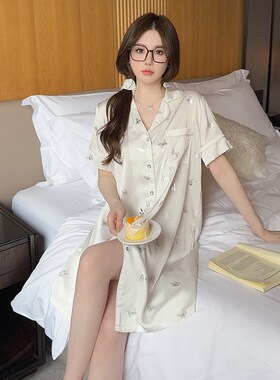 2024c新款睡裙女夏季真丝薄款性感衬衫裙高级感烫银蝴蝶睡衣家居