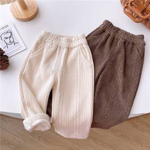 女童阔腿裤秋冬加绒加厚米色宝宝一体G绒裤子婴儿休闲裤直筒裤洋.