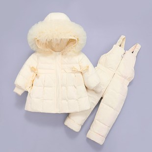宝宝羽绒服套装中长款儿童女童冬季加厚背带裤小童两件套滑雪服潮