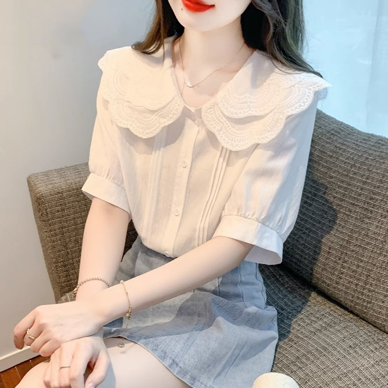 白色短袖衬衫女夏季2024新款法式宽松气质娃娃领设计感小众上衣潮