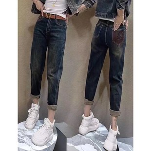 高腰弹力直筒长裤 厚绒大码 新款 女胖mm秋冬季 子 显瘦老爹哈伦牛仔裤