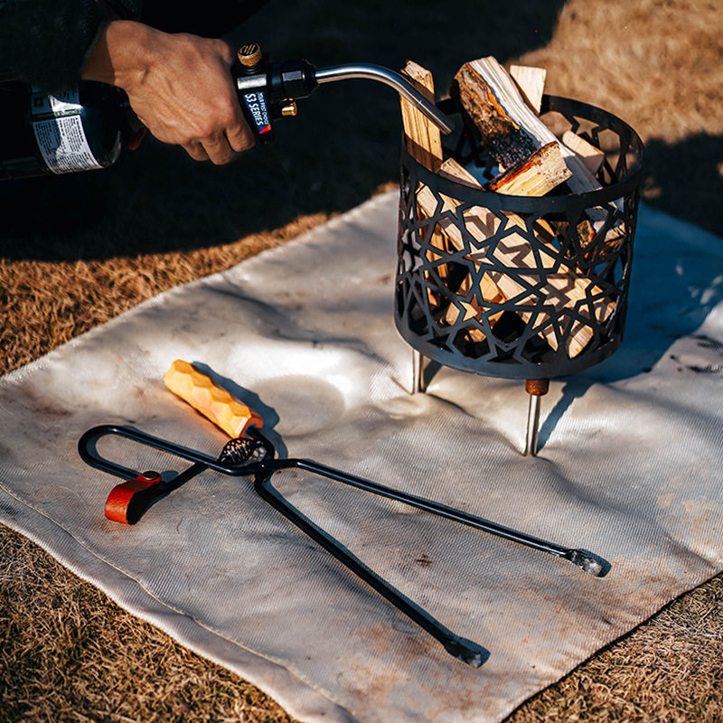 户外露营烧烤铁质焚火钳实木手柄木炭柴火夹子R焚火钳子碳夹加长