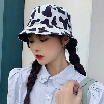 推荐Black Solid Dots Bucket Hat Cotton Two Side Wear Cow Pri