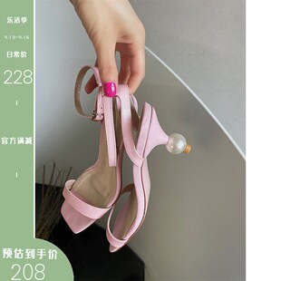 AZHU 凉鞋女夏季小众设计法式异型跟高跟露趾一字带气质珍珠女鞋