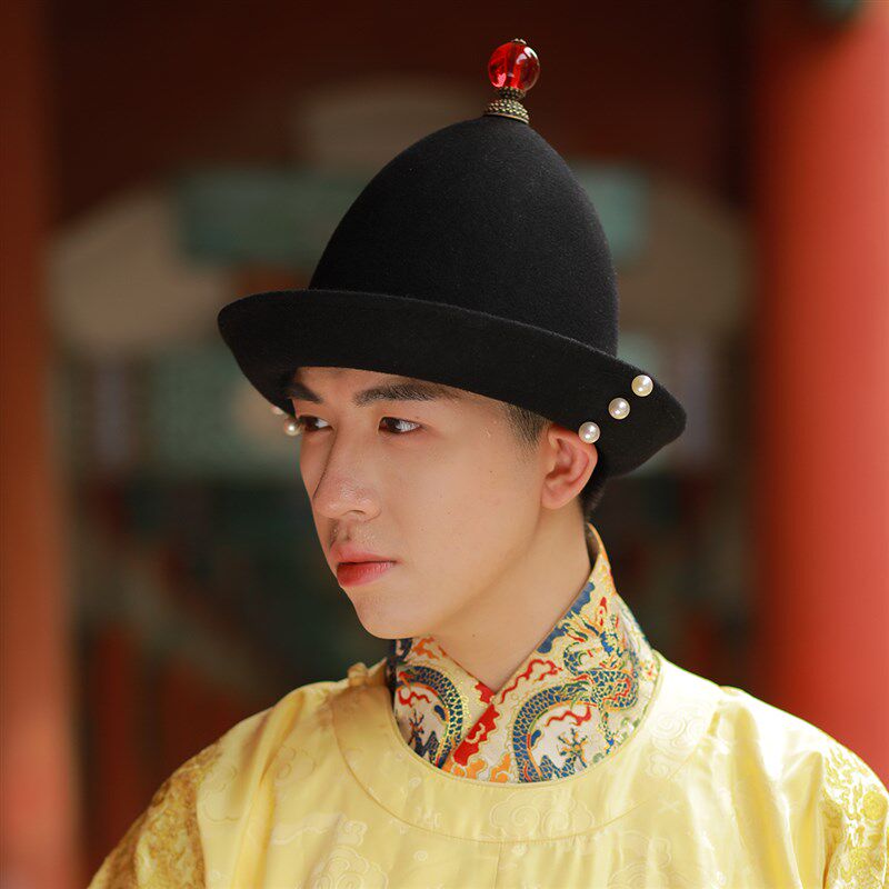 乌衣巷明制黑氊直檐帽皇帝毡帽帽檐上折手工缀珍珠古代汉服帽子男