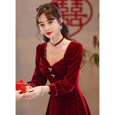 大码冬季敬酒服新娘红色礼服女高级感裙子订婚连衣裙长袖平时可穿