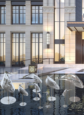 不锈钢镜面鱼雕塑酒店水池户外动物金属J鱼群摆件售楼部艺术装饰