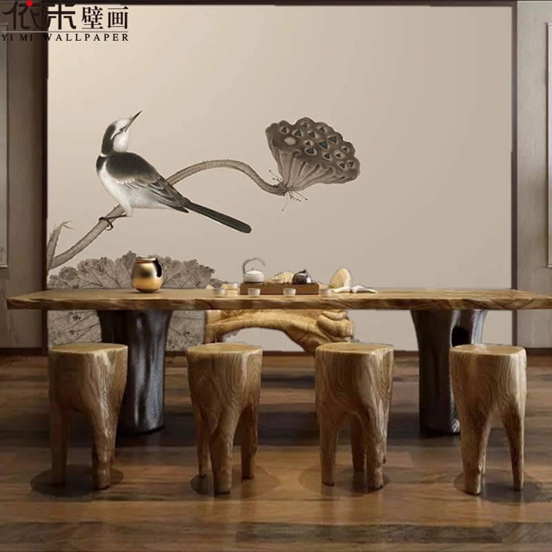 3d新中式花鸟壁纸8d客厅沙发电B视背景墙写意抽象水墨墙纸壁画墙