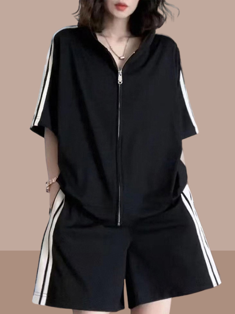 纯棉运动服套装女2023夏季新款欧货大码胖妹妹条纹阔腿短裤两件套