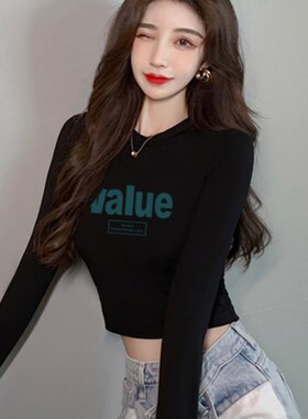 潮牌女短款高腰露m脐秋冬内搭紧身上衣半高领打底黑色长袖T恤