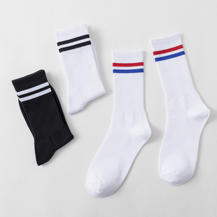 长袜两道杠条纹长筒袜子黑白高筒日韩街头潮流学院风高帮 4双