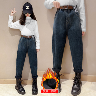 女童加绒裤子秋冬款2023新款冬装牛仔哈伦裤大童冬季一体绒长裤