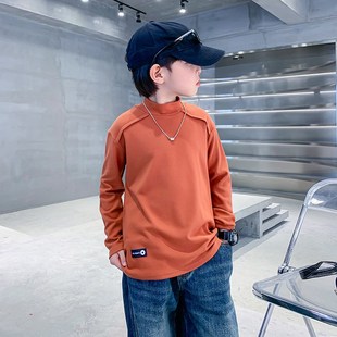 男大童秋冬黑色半高领打底衫2024新款儿童冬季长袖内搭加厚T恤潮