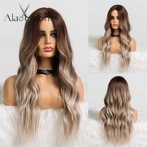 Long Water Wave Wig Middle Part Red Brown Orange Copper Heat