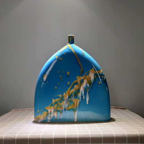 新品简约田园色釉扁平陶瓷u花瓶插花家居装饰电视柜客厅桌面摆u.
