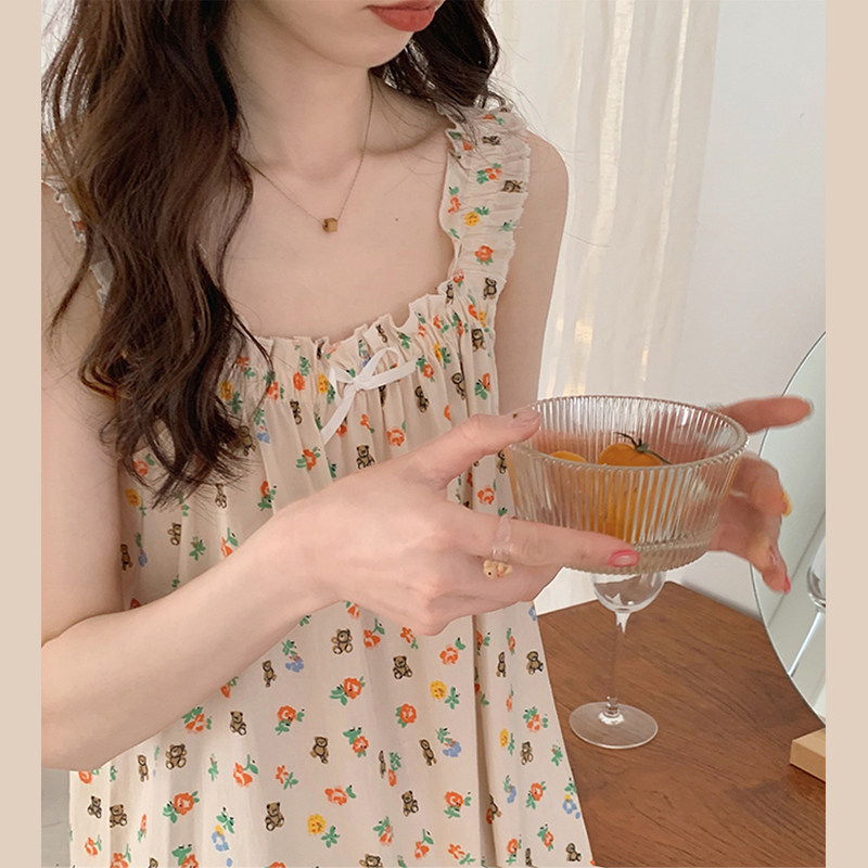 维多利亚2023夏季甜美卡通印花吊带睡裙薄款少女感纯欲短袖家居服