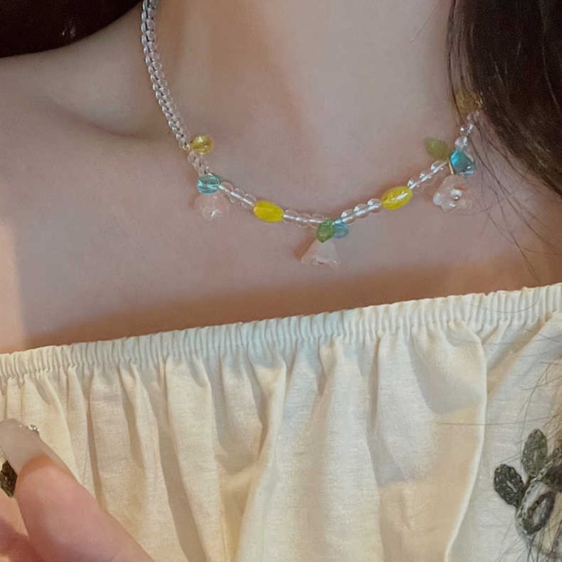现货花朵串珠项链女配饰高级感彩色水晶J锁骨链小众设计感爆款装