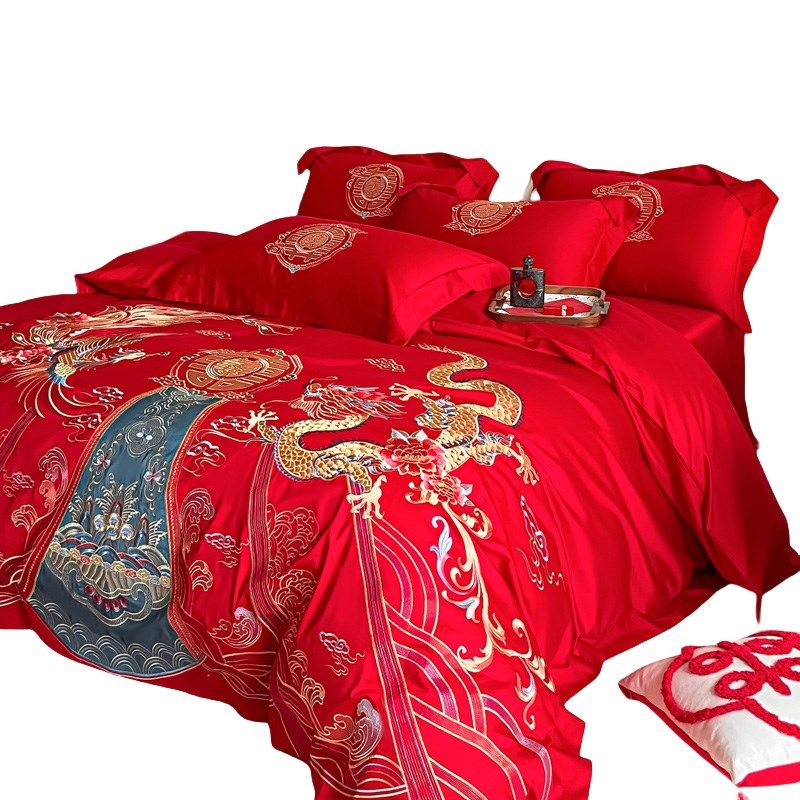 中式婚庆四件套大红色龙凤刺绣被套结婚床上用品婚房喜被,床上用品,婚庆床品套件,淘宝优惠券,粉丝福利购,淘宝优惠卷
