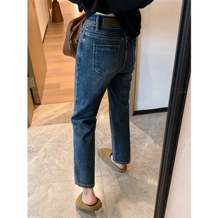 爱情魔鬼鱼 蓝色复古直筒牛仔裤女2024秋季新款高腰显瘦九分裤子