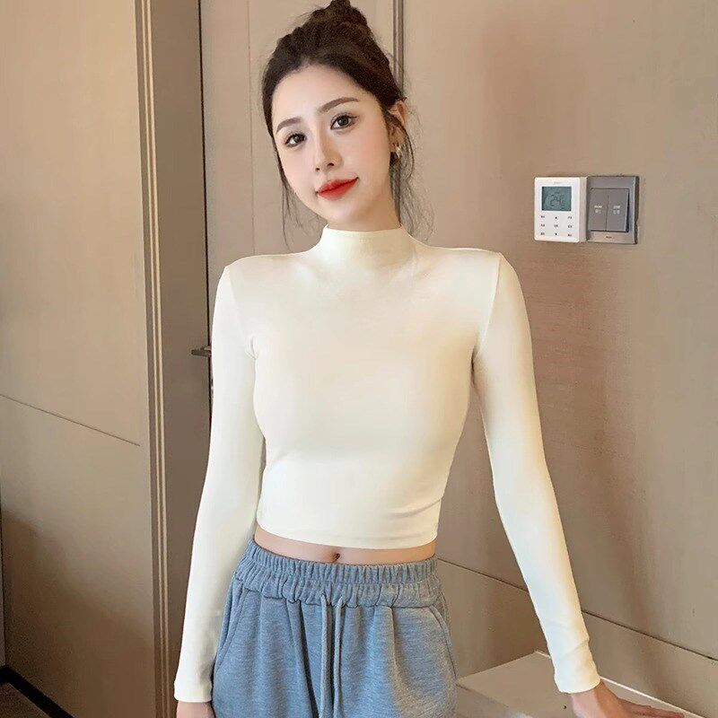 黑色半高领打底衫女装秋冬穿搭高B腰短款露脐内搭长袖T恤辣妹上衣