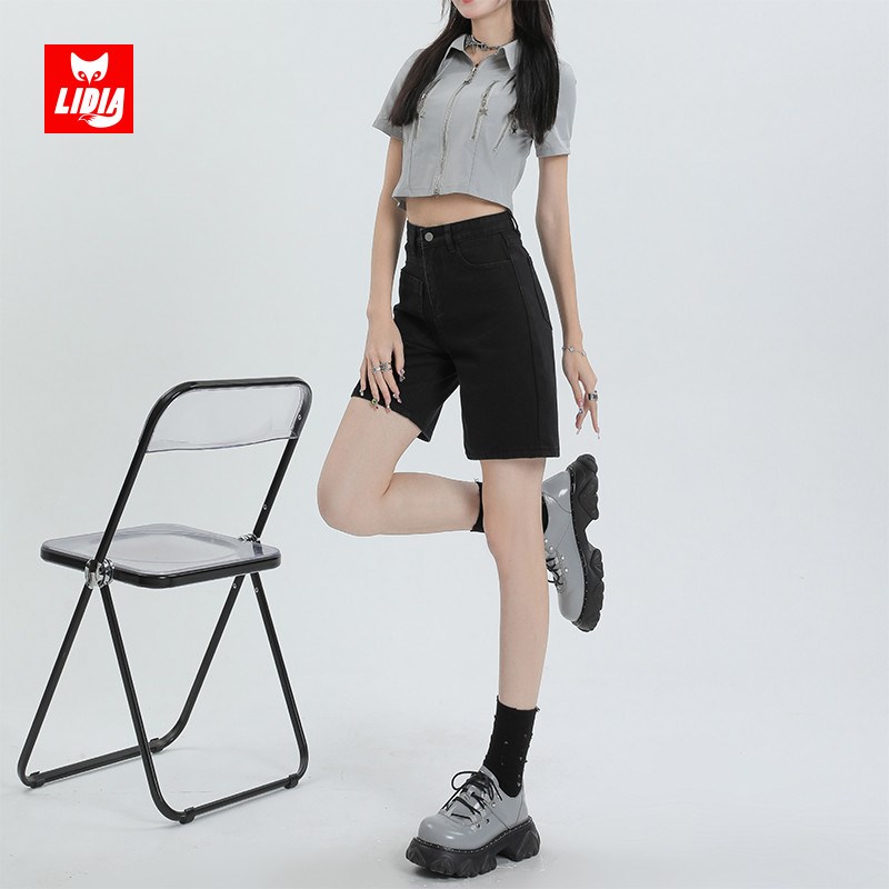 黑色五分直筒牛仔短裤女2024新款春夏高腰修身显瘦设计感5分裤子