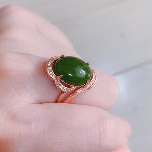 天然菠菜绿和田碧玉戒指925银镶嵌饰品镶玉戒指女款戒指指环时尚