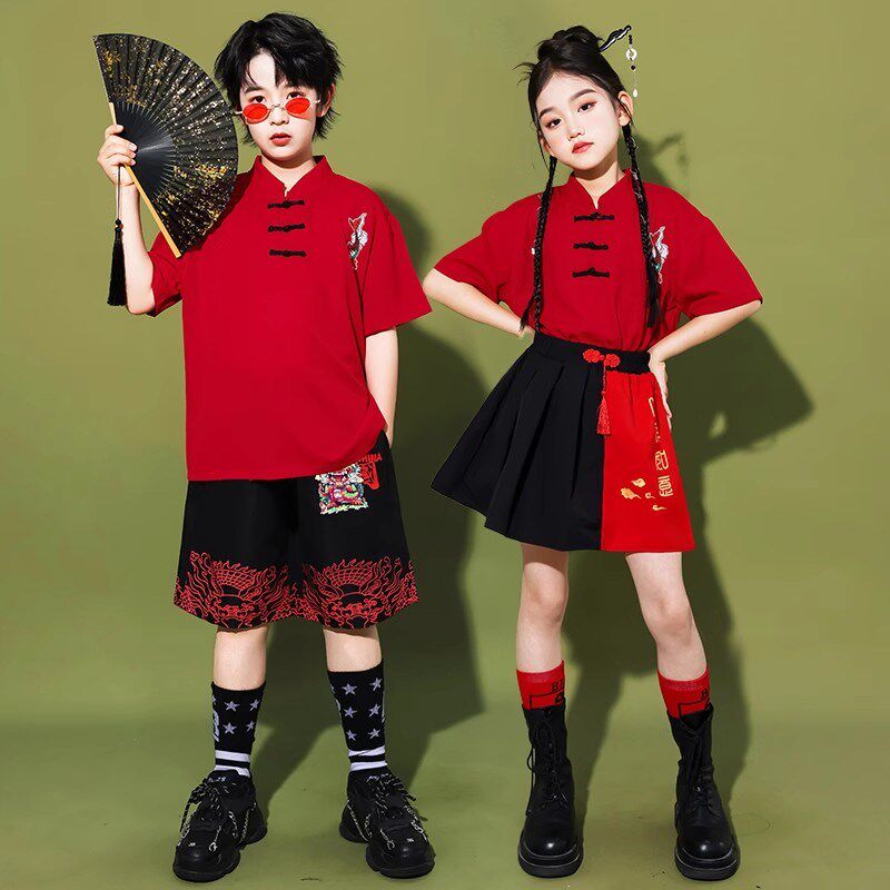 儿童中国风汉服女童装国潮嘻哈演出服男童街舞走秀啦啦队表演服装