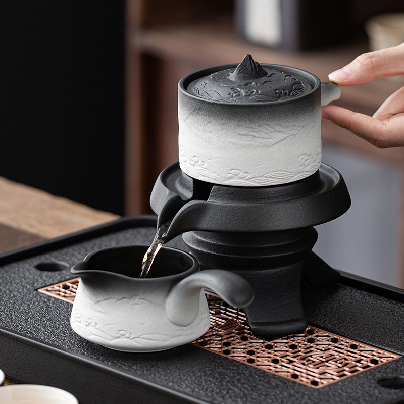 黑陶懒人功夫茶具套组家用旋转防烫泡茶壶茶杯石磨半自动冲茶神器,餐饮具,功夫茶具,淘宝优惠券,粉丝福利购,淘宝优惠卷