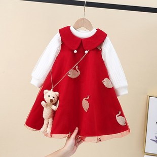女童毛呢背心裙2024秋冬宝宝加绒加厚红色呢子拜年服连衣裙两件套