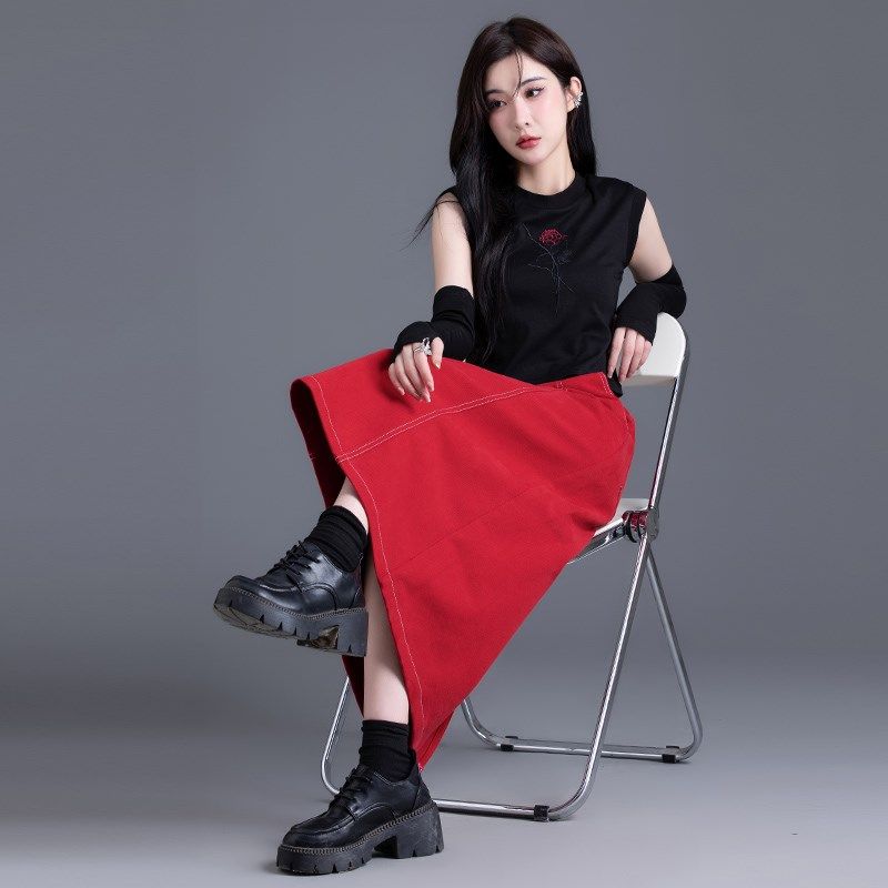 安可拉红色裙子牛仔裙长裙半身裙女2024新款秋冬高腰a字裙小个子