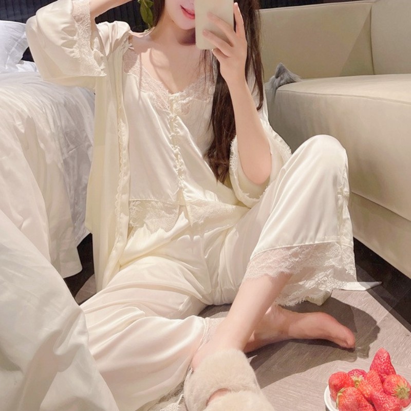 gp真丝吊带睡衣女性感春秋高端桑蚕丝家居服丝绸睡袍三件套装夏薄