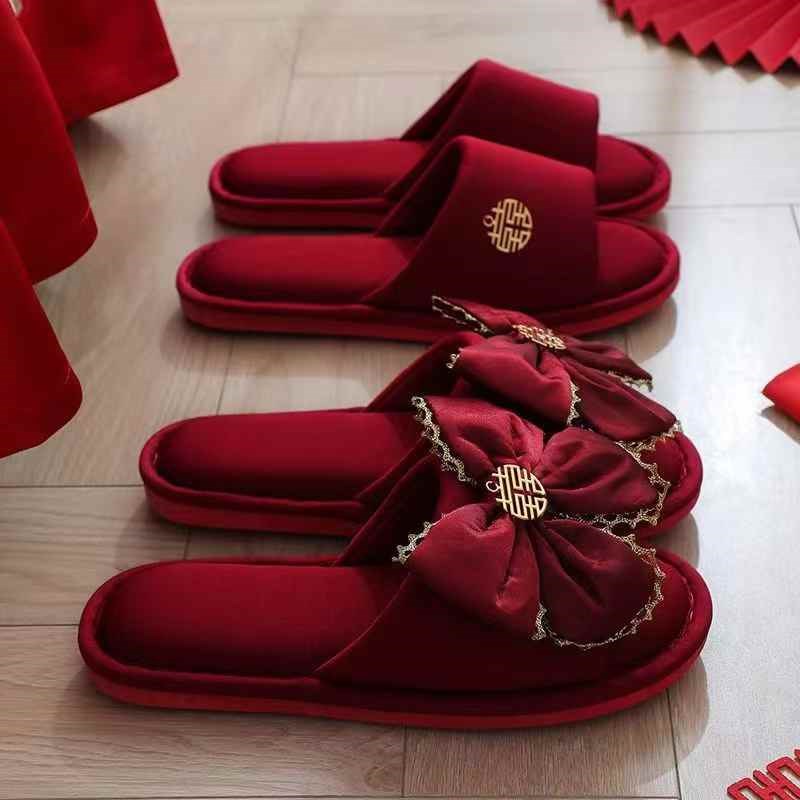 棉拖鞋结婚一对女秋冬季2024新款喜庆陪嫁新婚睡衣情侣红色婚鞋