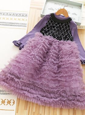 女童公主裙秋冬款洋气高端女孩紫色生日礼服背心连衣裙蛋糕裙套装