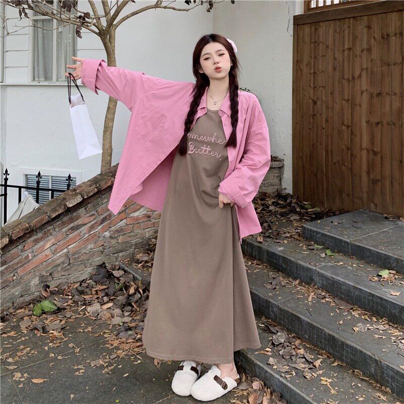 热销大码女装胖mm韩版宽松休闲衬衣春季撞色字母印花打底连衣裙两