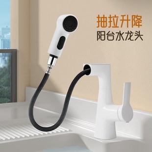 冷热 奶油风白色阳台洗手盆水龙头洗衣池龙头全铜家用洗脸盆抽拉式