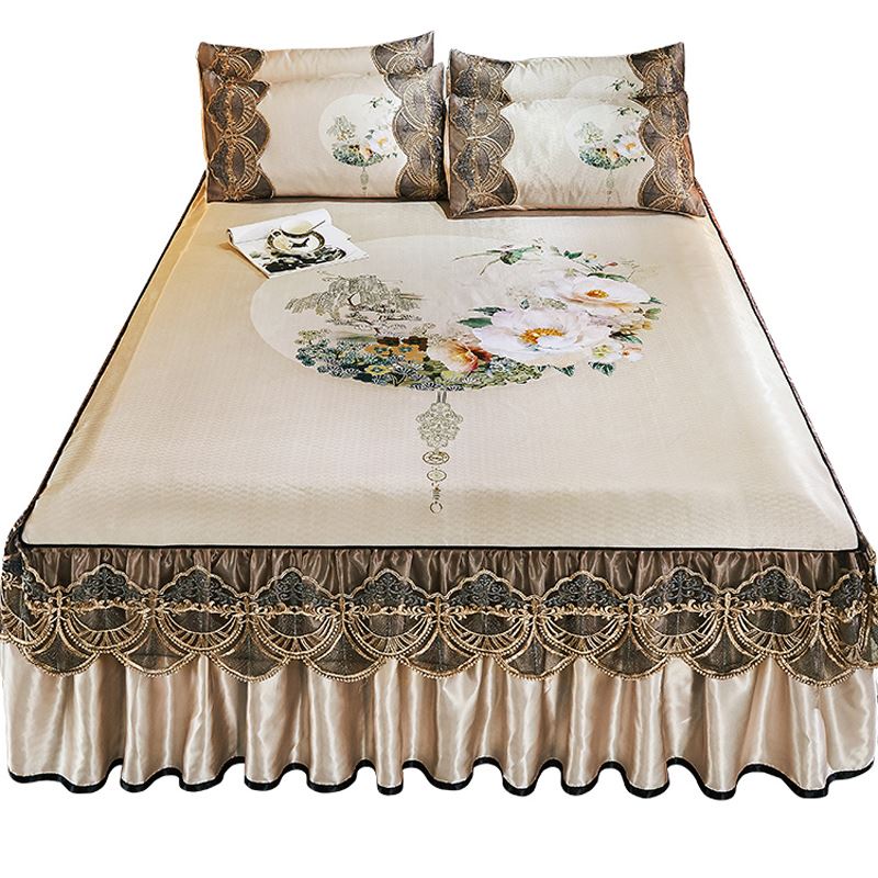 夏季欧式蕾丝床裙款冰丝凉席三件套可机洗花边床罩1.8m床单套防滑